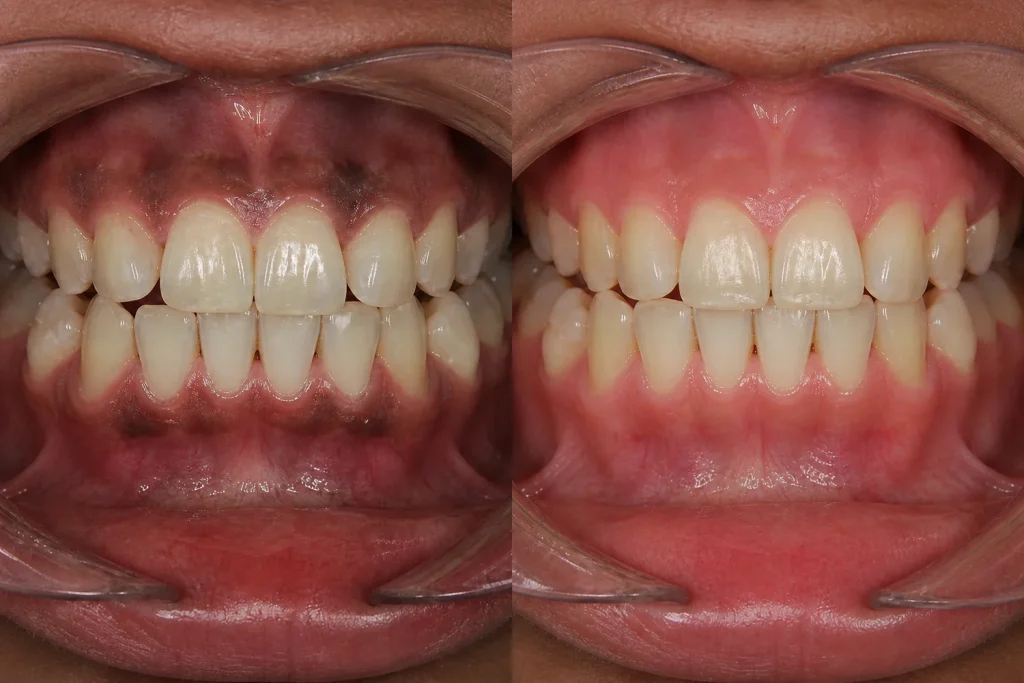 Encías oscuras antes del blanqueamiento con peeling gingival en CIMA Dental, Madrid
