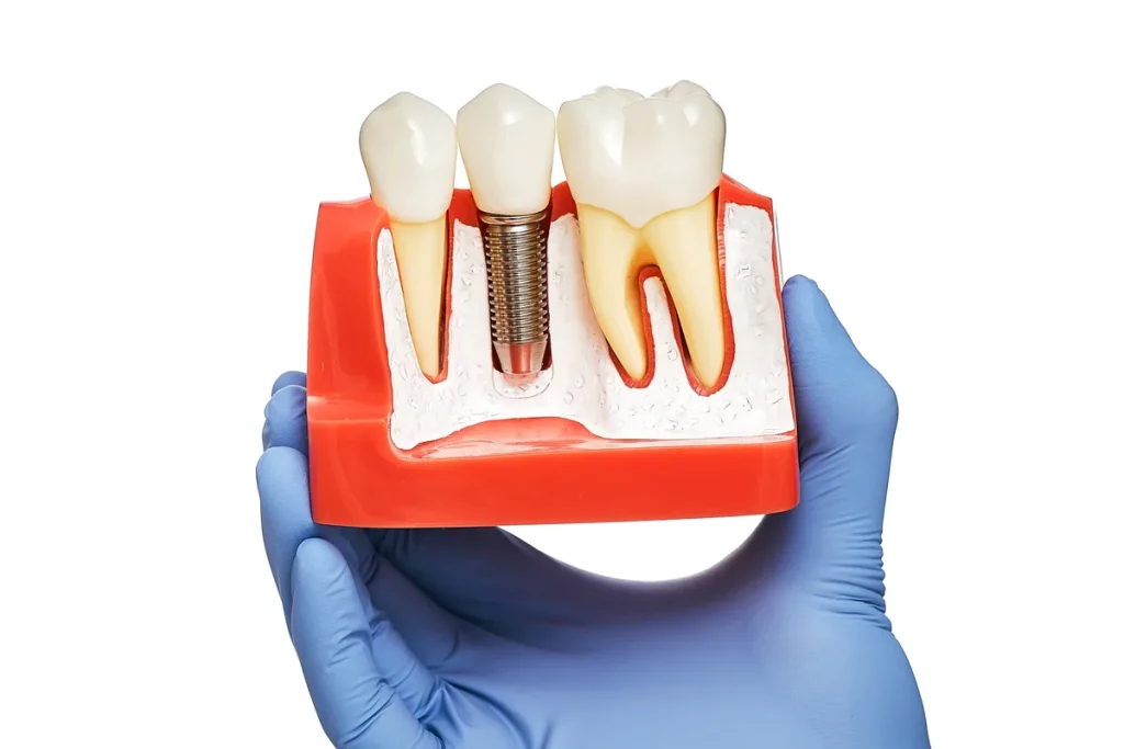 Modelo de implante dental en la mano de un dentista: tornillo de titanio integrado en el hueso junto a dientes naturales