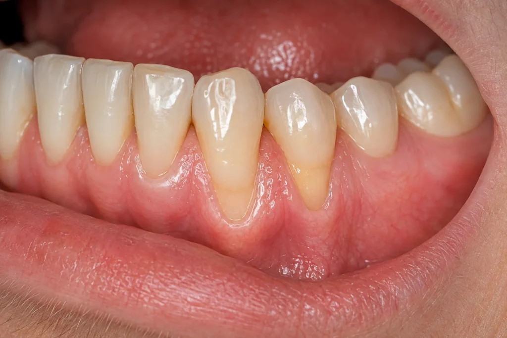 Encías retraídas: primer plano de una recesión gingival que deja la raíz del diente expuesta